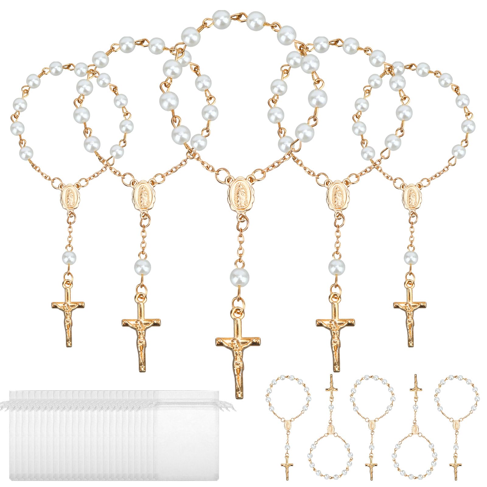 Mini chapelets de baptême en perles avec sacs organza x30