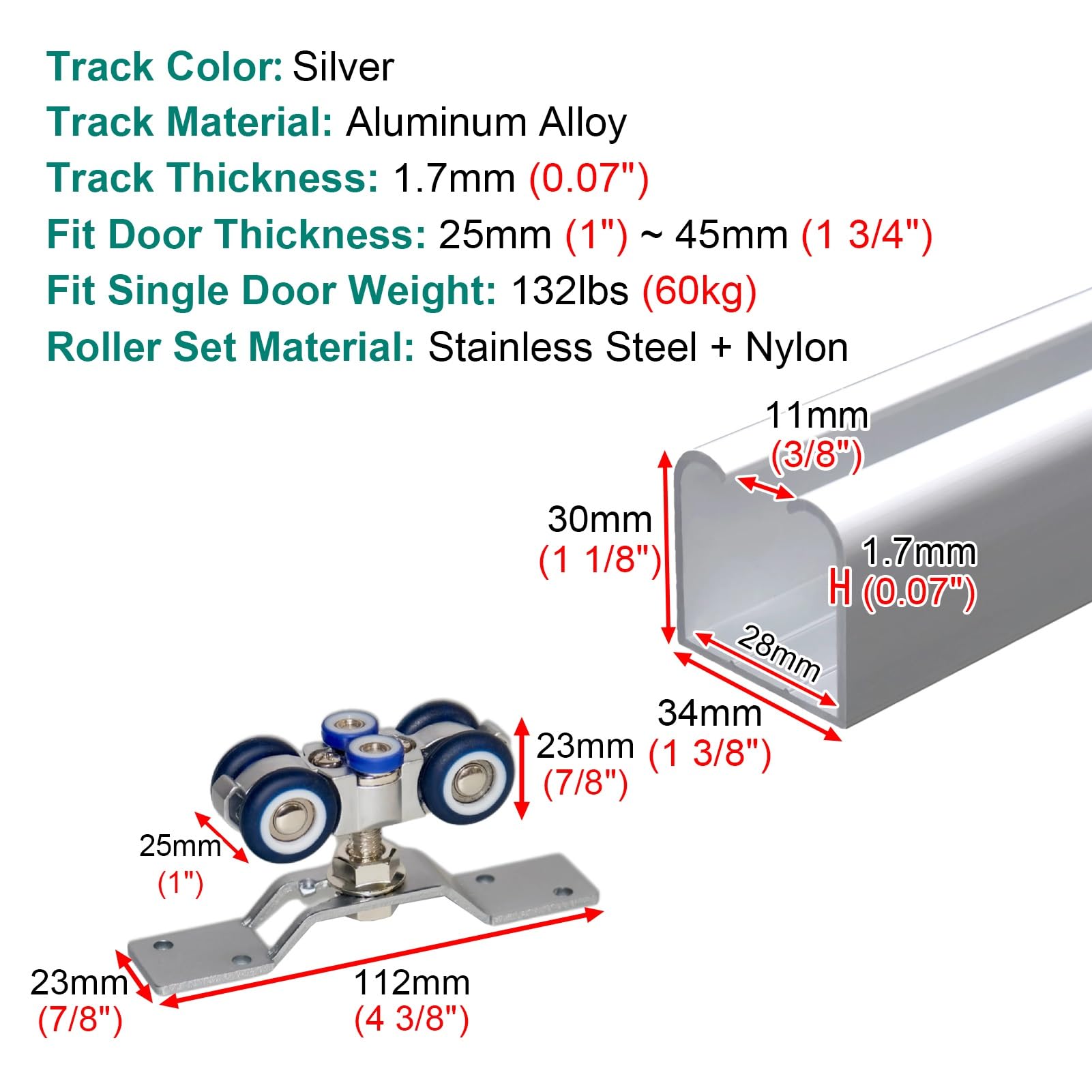 Vibeo Kit Puerta Corredera Oculta Kit de Herrajes para Puertas Plegables de Dos Hojas, Guía Superior para Puertas Correderas de Armario, Rieles de Aluminio para Armarios Plegables(75cm/30in)