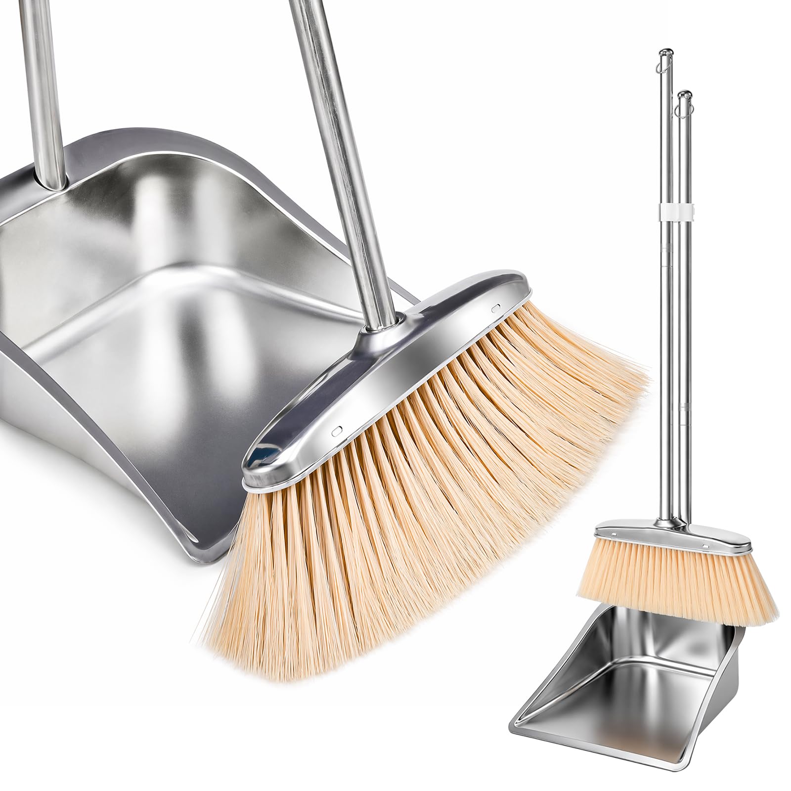 RANJIMA Juego de escoba y recogedor, 118 cm, de acero inoxidable, con pala, ajustable, de alta eficiencia, con pala para el hogar, cocina, oficina, calle