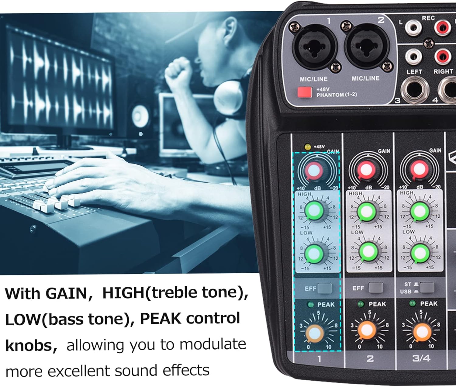 AI-4 Compact Mixing Console Digital Audio Mixer 4-Channel BT MP3 USB Input +48V Phantom Power for Music Recording DJ Network Live Broadcast Karaoke