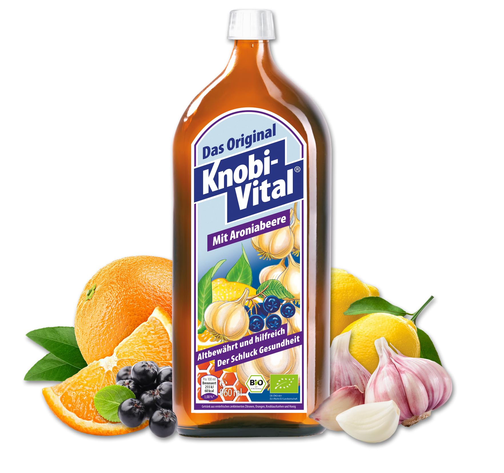 KnobiVital mit Aroniabeere Bio (960 ml) I Hochkonzentrierter Knoblauchsaft mit Thiamin für Energie, Nerven & Herz - Natürlich & ohne Zusätze