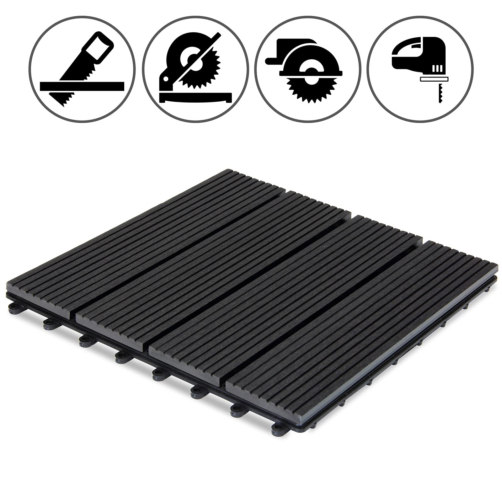 CASARIA® Set Baldosas Jardín Exterior WPC 30x30cm Losetas Madera Antideslizantes con Drenaje Suelo Terraza Balcón Sistema Click Aspecto Madera 4 Tablones Resistente a la Intemperie Antracita 1m²