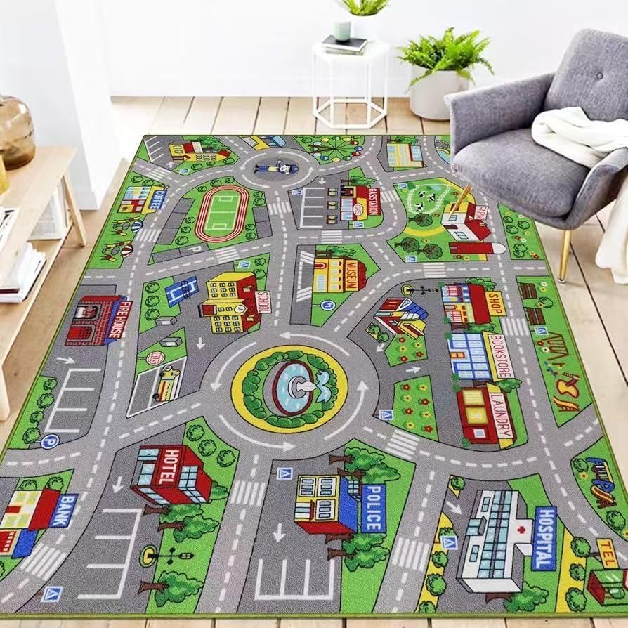 Car Mat Non-Slip Road Mat for Cars Funny Cars Play Mats Traffic Map Crawling Play Mat Washable Car Rug City Car Road Interactive Game 80 * 120cm Green