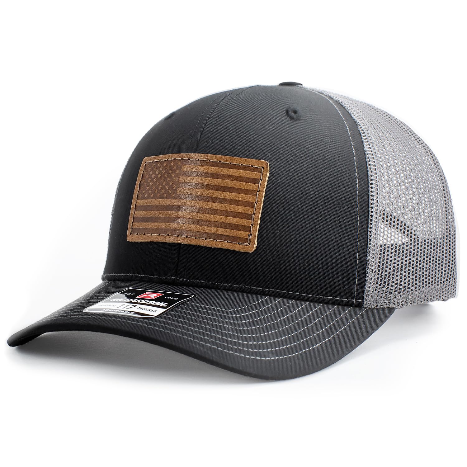 Oowee ProductsLeather Patch Hat for Men - Richardson 112 Trucker Hat w/Full-Grain Leather Patch, Laser-Engraved, Machine-Stitched