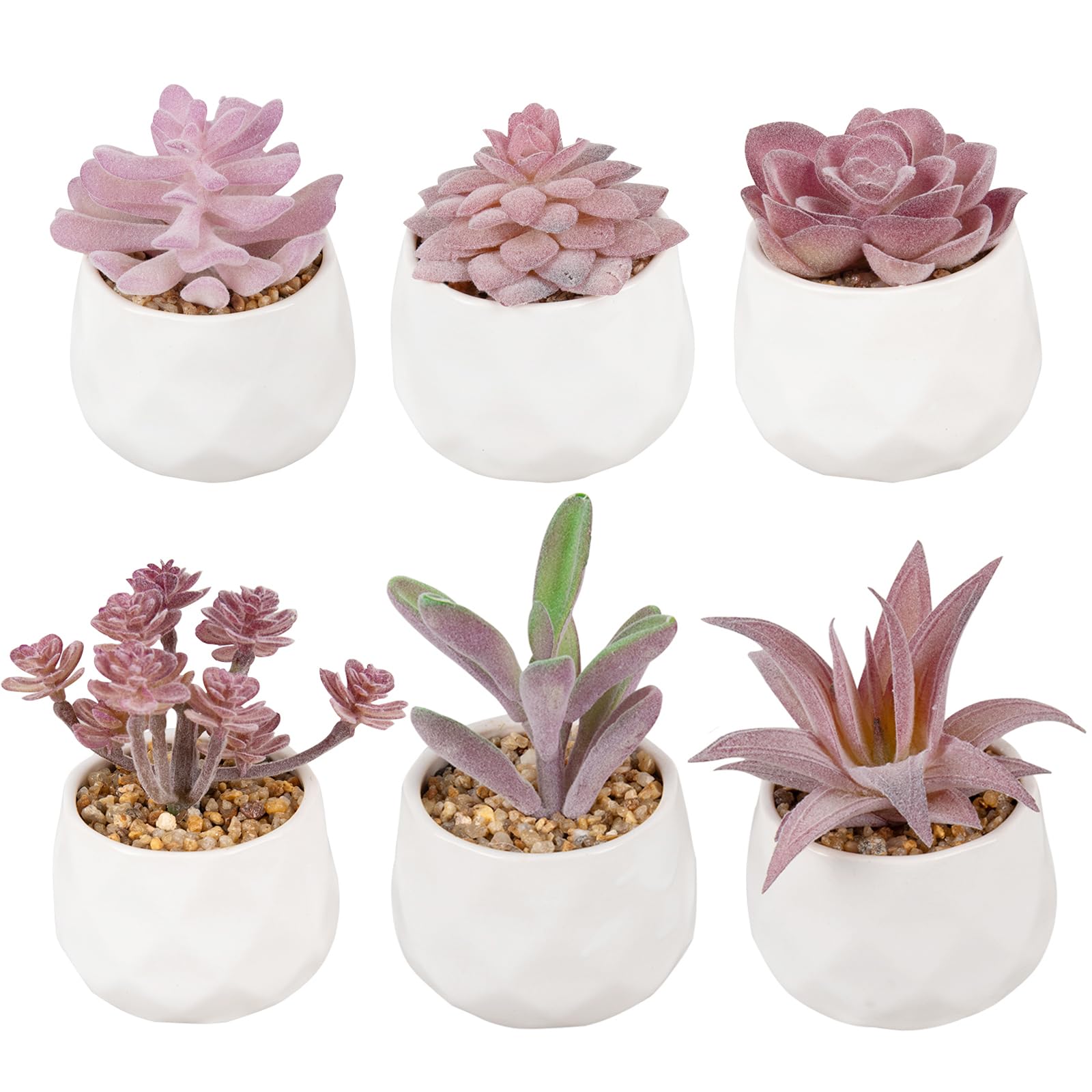 6 Pack Artificial Plants Small Fake Succulent in Pots,Assorted Decorative Faux Pink Succulent Potted,Mini Faux Potted Succulent Decor for Table Decor,Bathrooms,Office Decor
