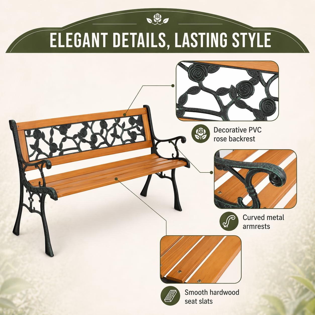 49" Outdoor Wood Bench for Garden, Patio & Porch, 2-Person Bench with Iron Armrests, PVC Backrest, Weather-Resistant Hardwood Seat, Natural Wood & Bronze