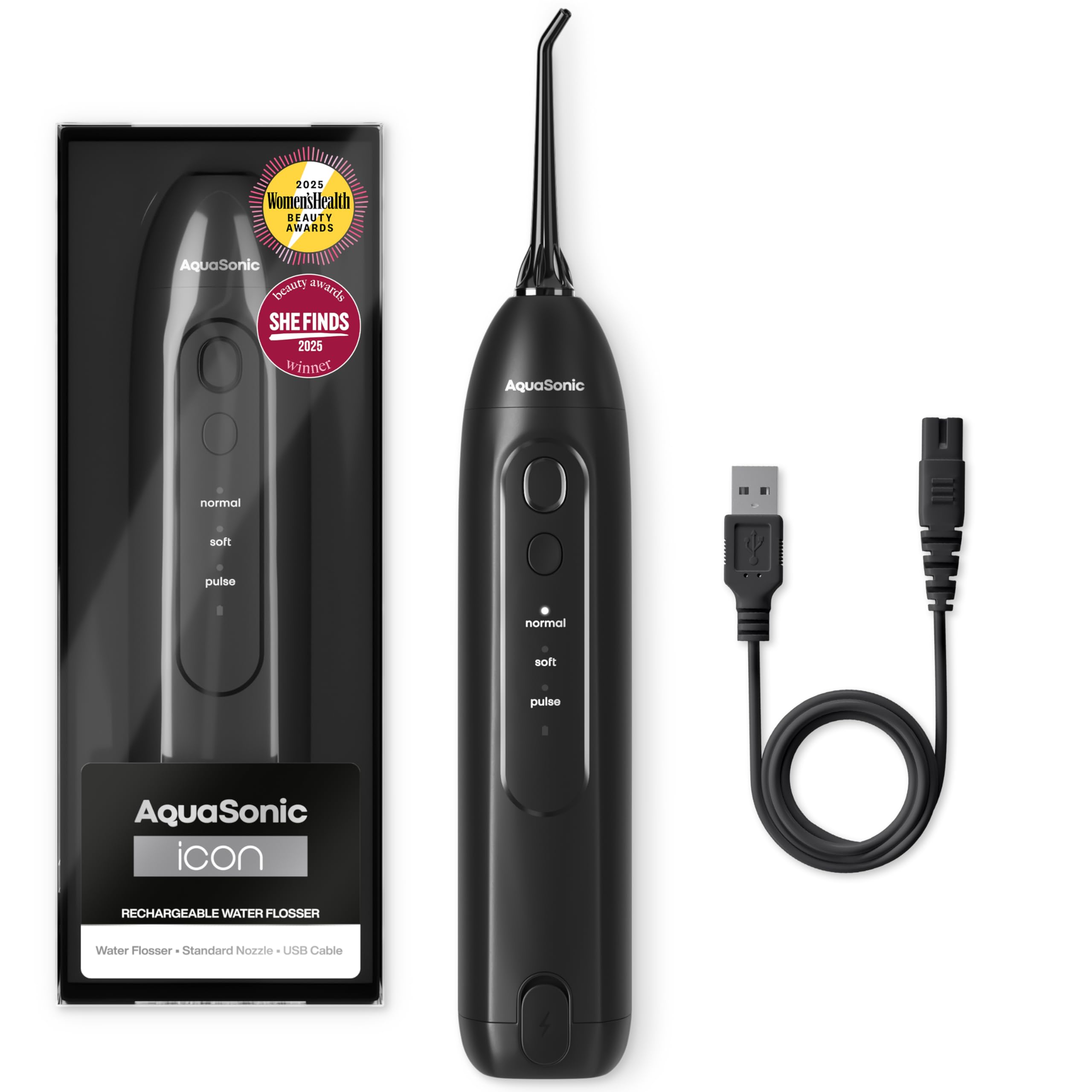 AquaSonic Icon Water Flosser for Teeth – Cordless Rechargeable Oral Irrigator – Waterproof, Portable Dental Cleaning with Jet Tip – Braces Home Travel - Onyx