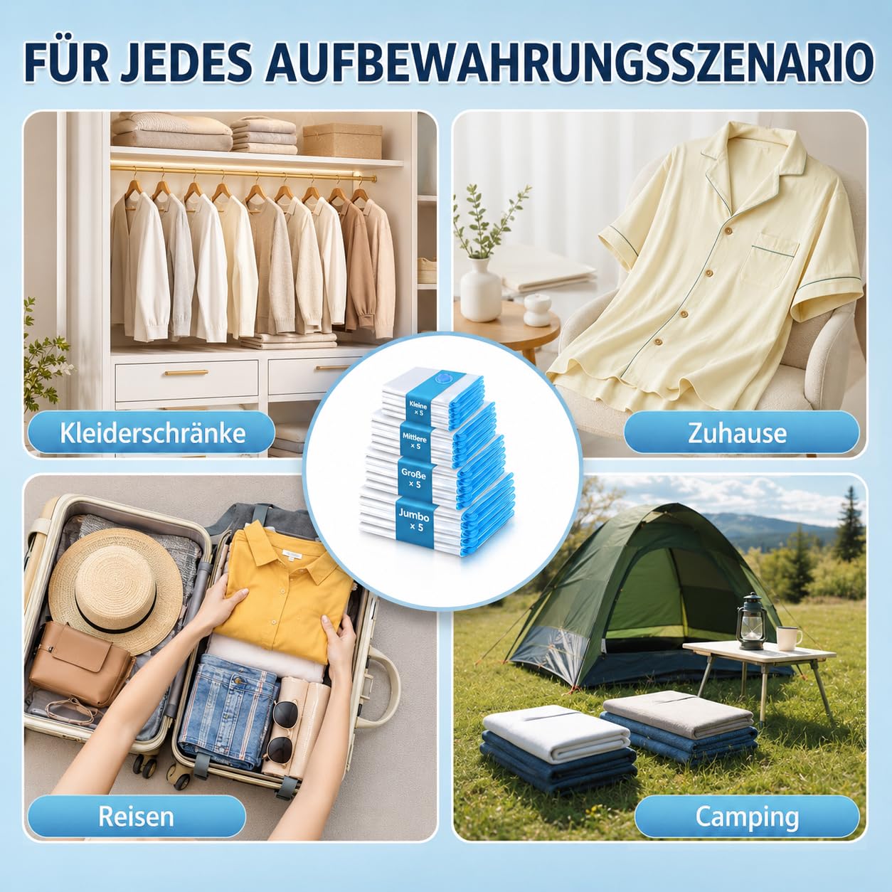 Vakuumbeutel für Kleidung 20 Stück mit Elektrischer Luftpumpe Vakuumierbeutel (5xJumbo/5xGroß/5xMittel/5xKlein) Wiederverwendbar Platzsparend Vakuumbeutel für Bettdecken,Kleidung,Reise,Kissen