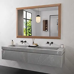 Amorho 50 X36 Inch Bathroom Mirror for Over Sink, Walnut Wood Grain Metal Frame Wall Mirror, Anti-Rust, Hang Horizontally/Vertically, Suitable for Bedroom, Farmhouse, Bathroom, Decorative