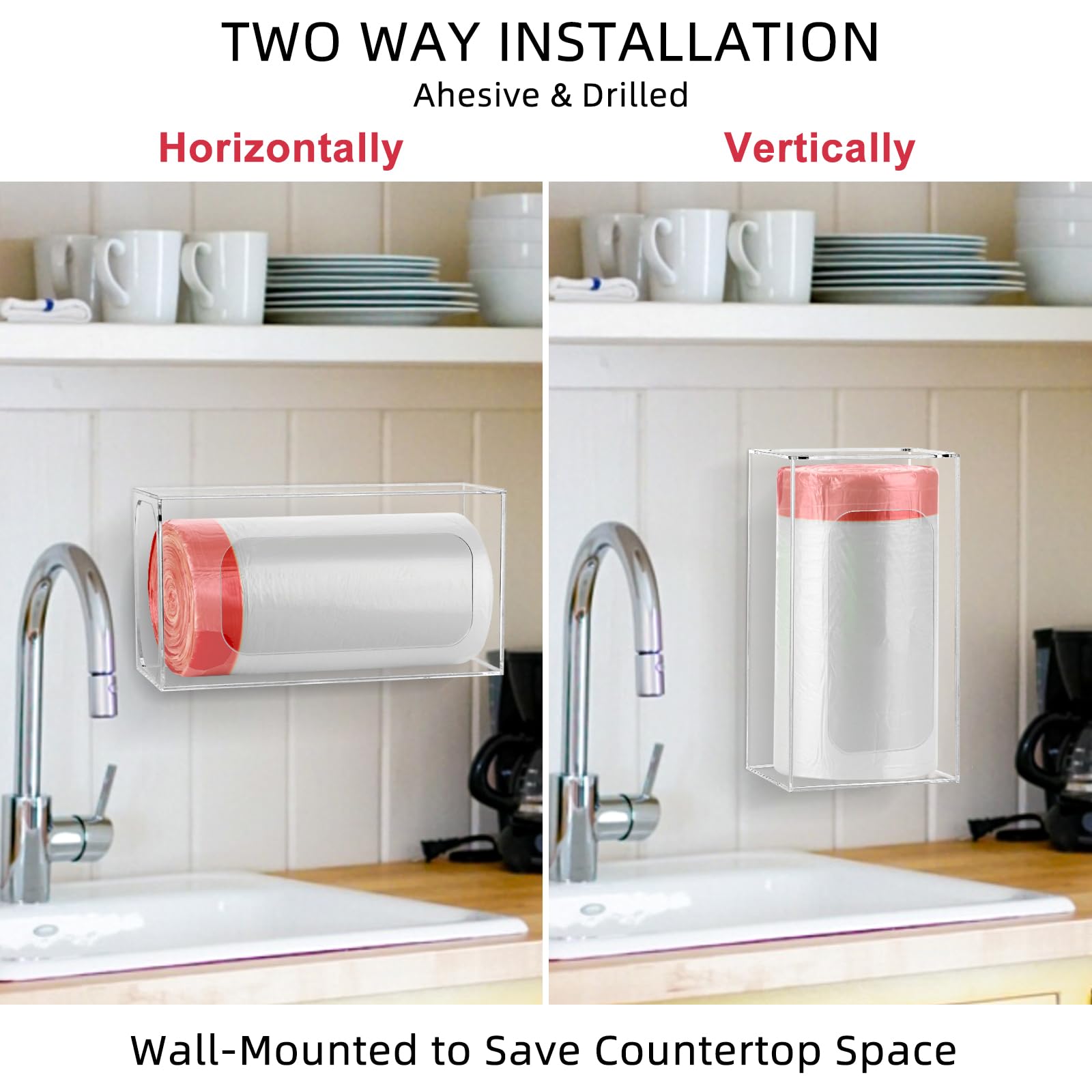 Dispensador de bolsas de basura, soporte acrílico para bolsas de basura, organizador de bolsas de plástico adhesivo montado en la pared, soporte de rollo de bolsas de basura para cocina