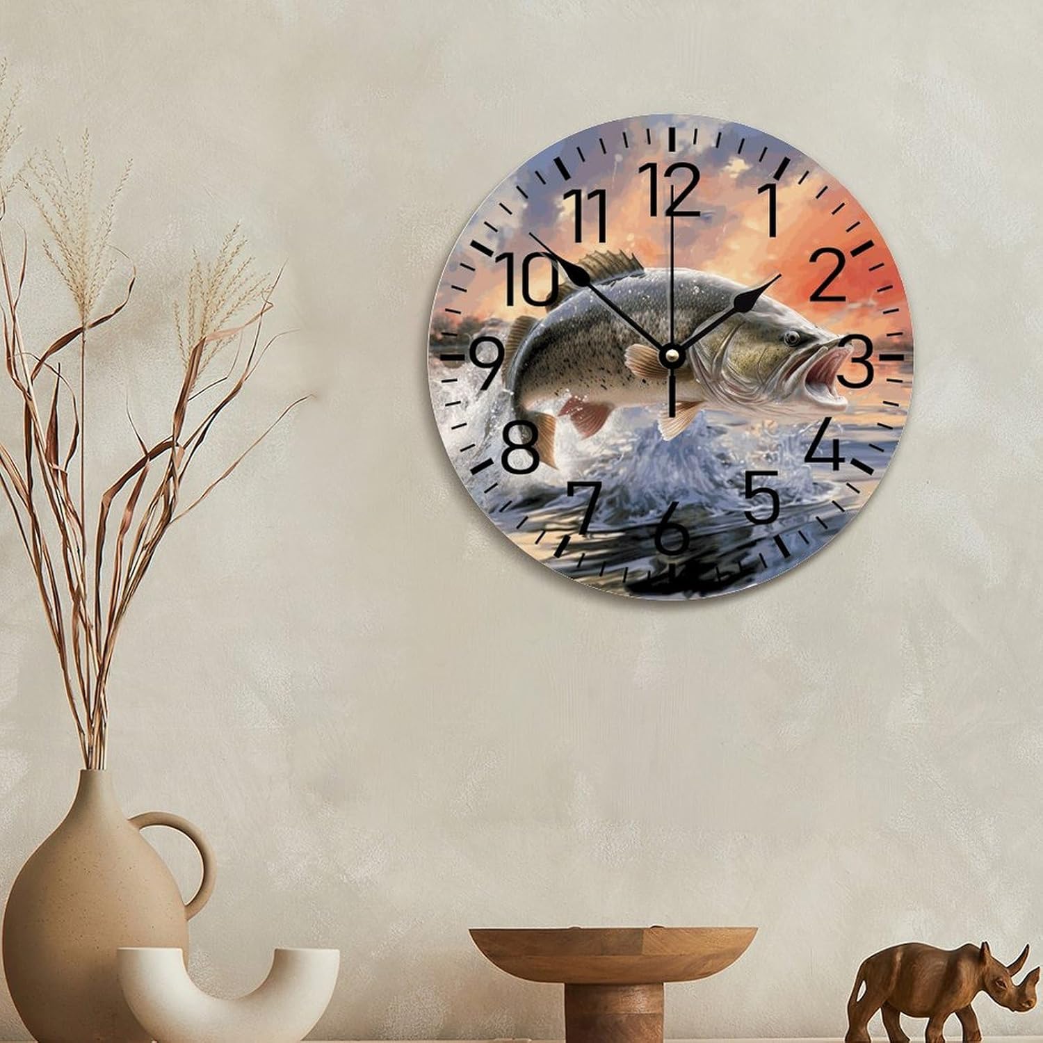 ArogGeld Fishing Bass Mouth Wall Clock Fisherman Fishing12 Inch Wooden Wall Clocks Battery Operated Farmhouse Hanging Clock Modern Wall Decor for Bedroom Living Room Kitchen School Office