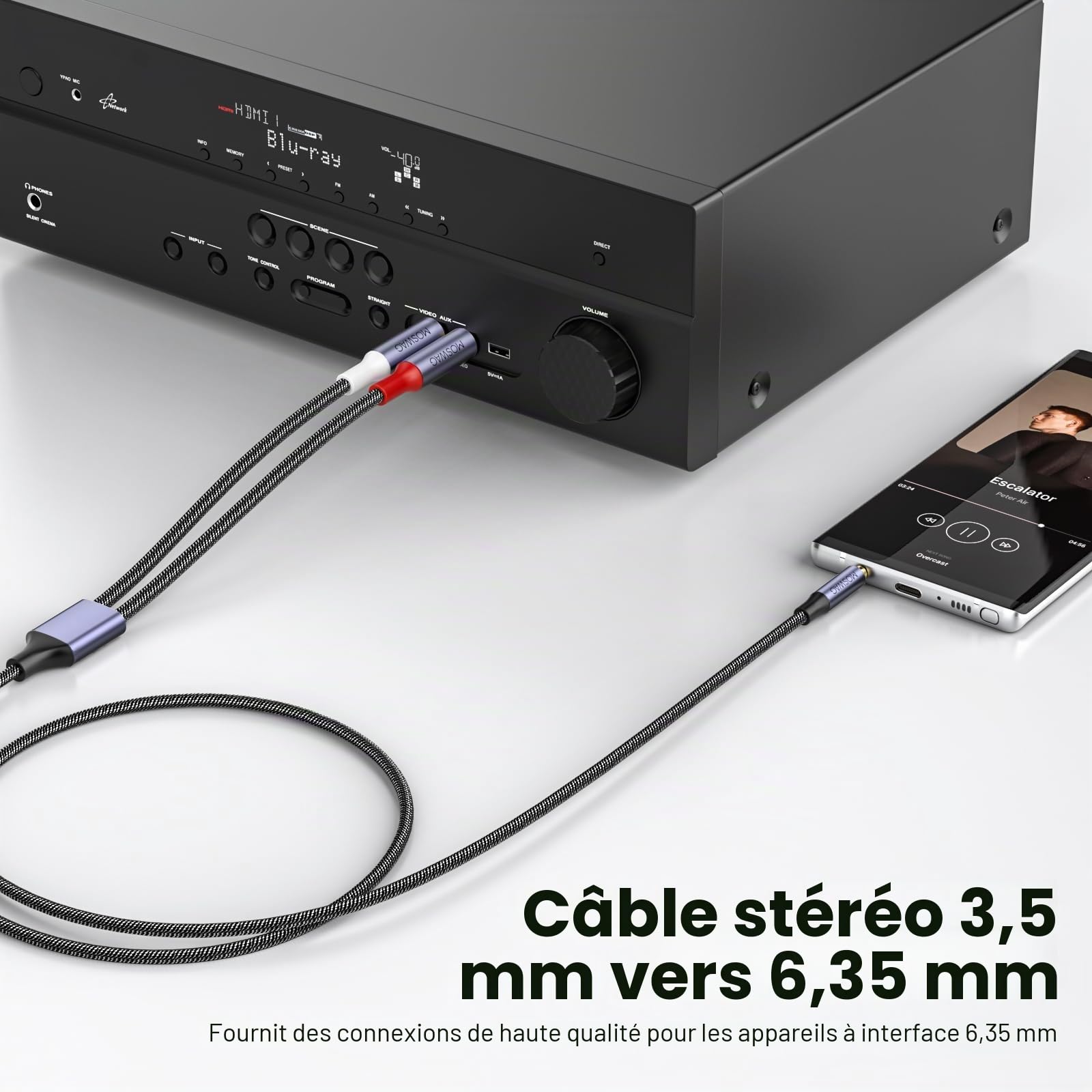 MOSWAG Câble Audio 3.5mm vers Double 6.35mm 1M, 6.35 vers 3.5 Mâle Y Splitter TRS Jack, Plaqué Or Nylon Tressé 3,5mm à 2X 6,35mm Splitter Câble pour Amplificateur, Cinéma Maison