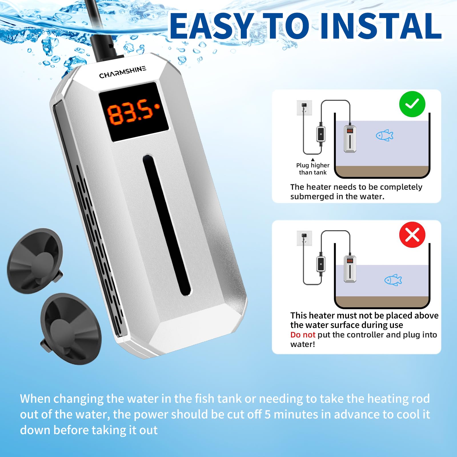 Calentador de acuario de 100 W, calentador de agua sumergible con pantalla digital LED, calentador de agua para tanques de tortugas de agua dulce y salada de 10 a 20 galones