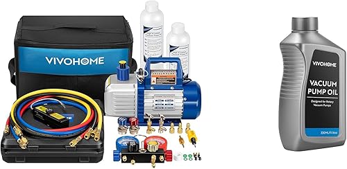 VIVOHOME Bomba de vacío HVAC de 2 etapas y 110 V 34 HP 7.2CFM, kit de manómetro de CA de 4 vías, aceite de bomba de alto vacío de alta calidad, 11.2