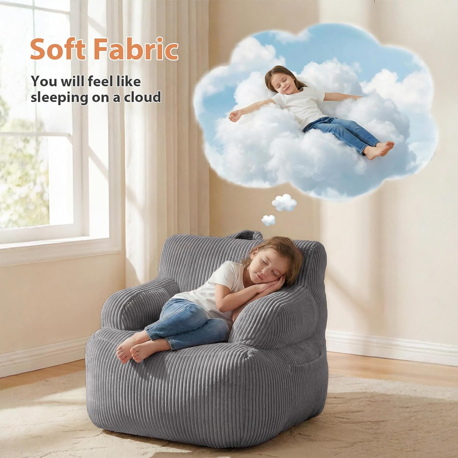 bean bag chairs for kids with Armrests, Comfy Kids Bean Bag Chair, Stuffed Toddler Bean Bag Sofa for Boys and Girls, Small Bean Bags for with Pocket, Floor Chair for Gaming, Reading & Relaxing, Grey