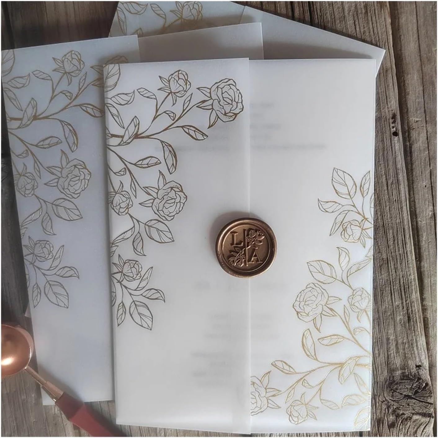 Invitation Sleeves Matte Gold Little Rose Vine Flower Vellum Wrap Suitable For A 5 X 7 Inch Wedding Invitation(100pcs)