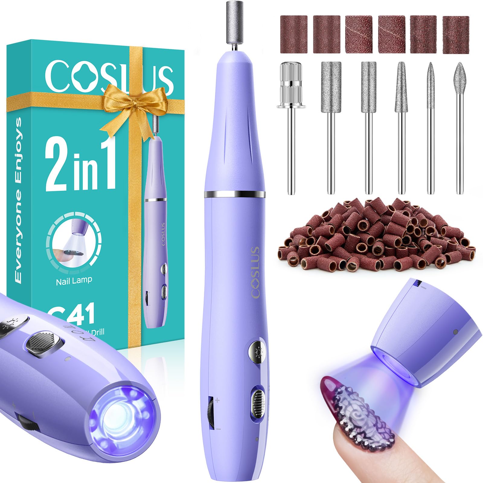 COSLUS Professionell Nagelfräser Kabellos Tragbar: Elektrische Nagelfeile Stufenlos mit Licht für Gelnägel Nagelhaut, Maniküre Pediküre set für Anfänger Nagelstudio, mit Metallbohrer & USB-C Ladegerät