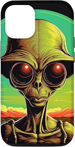 Vista 4 de iPhone 15 Pro Max Cute Green Alien Head UFO Space Face Alien Case