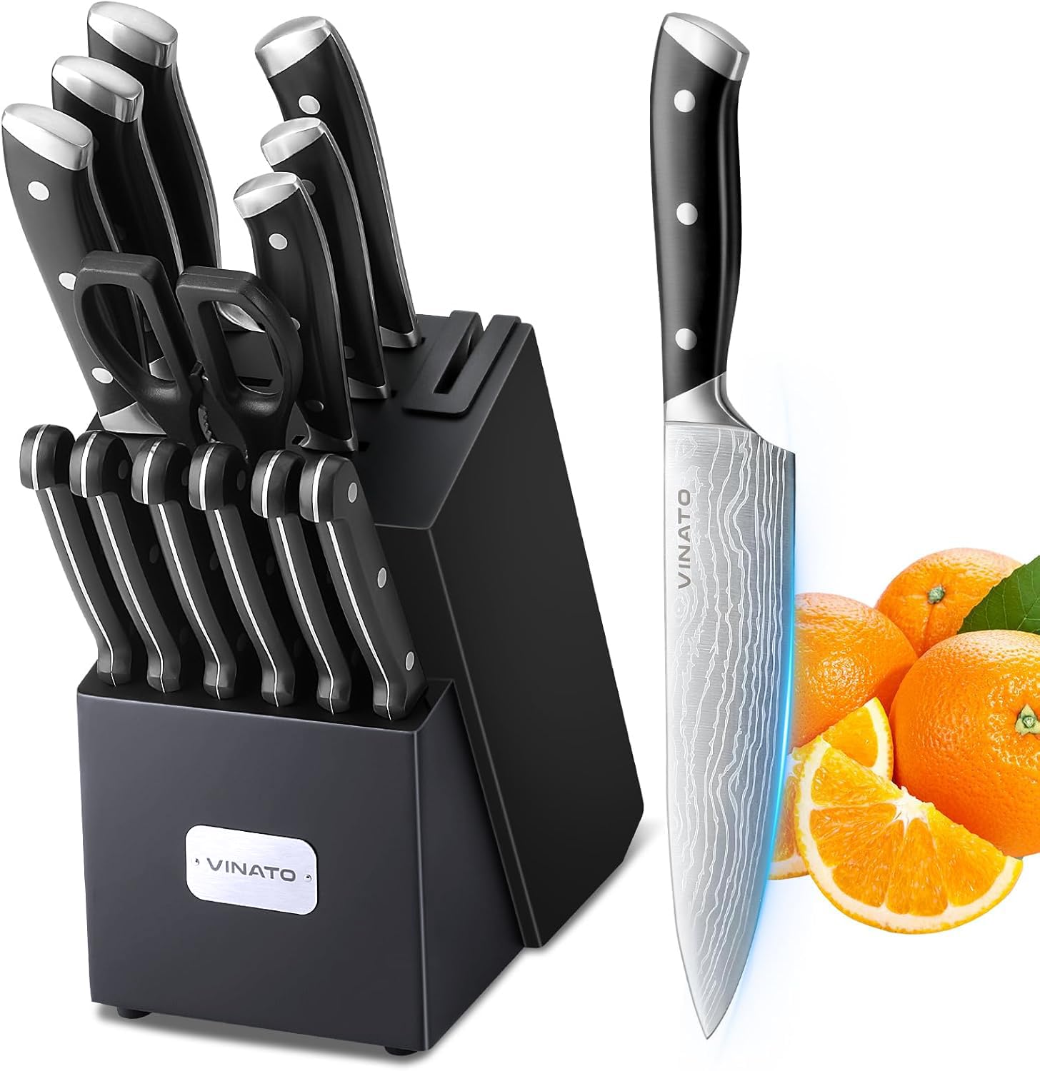 VINATO Set de Couteaux de Cuisine 14 Pièces avec Aiguiseur Intégré – Bloc à Couteaux en Bois avec Lame Damassée – Couteaux Professionnels Très Tranchants – Cadeau Cuisinier