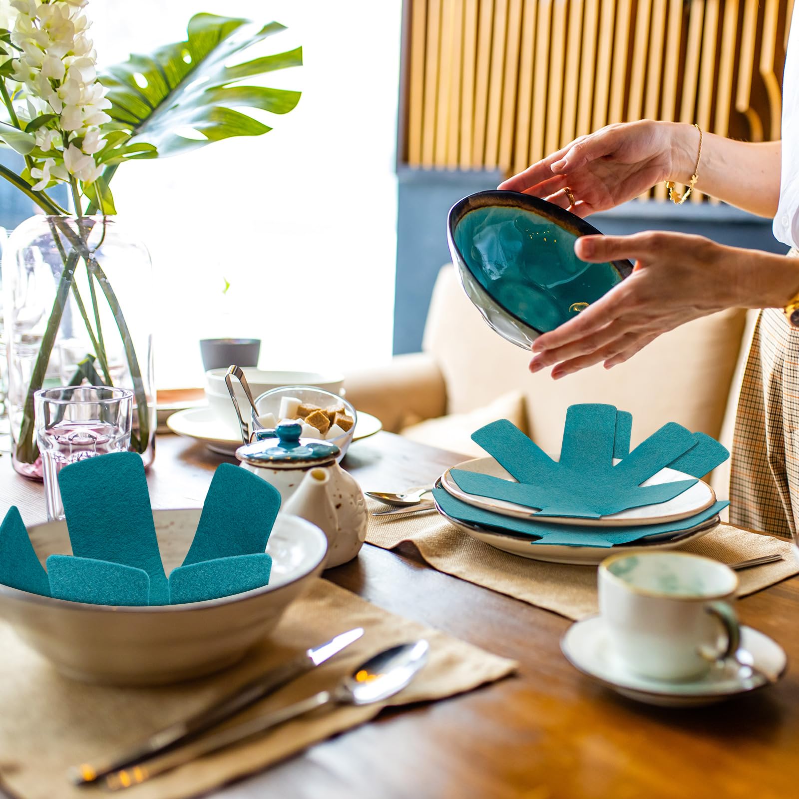 40 protectores de ollas y sartenes, 5 tamaños diferentes, protectores de utensilios de cocina, separadores de ollas, almohadillas separadoras apilables para proteger y separar sartenes (azul lago