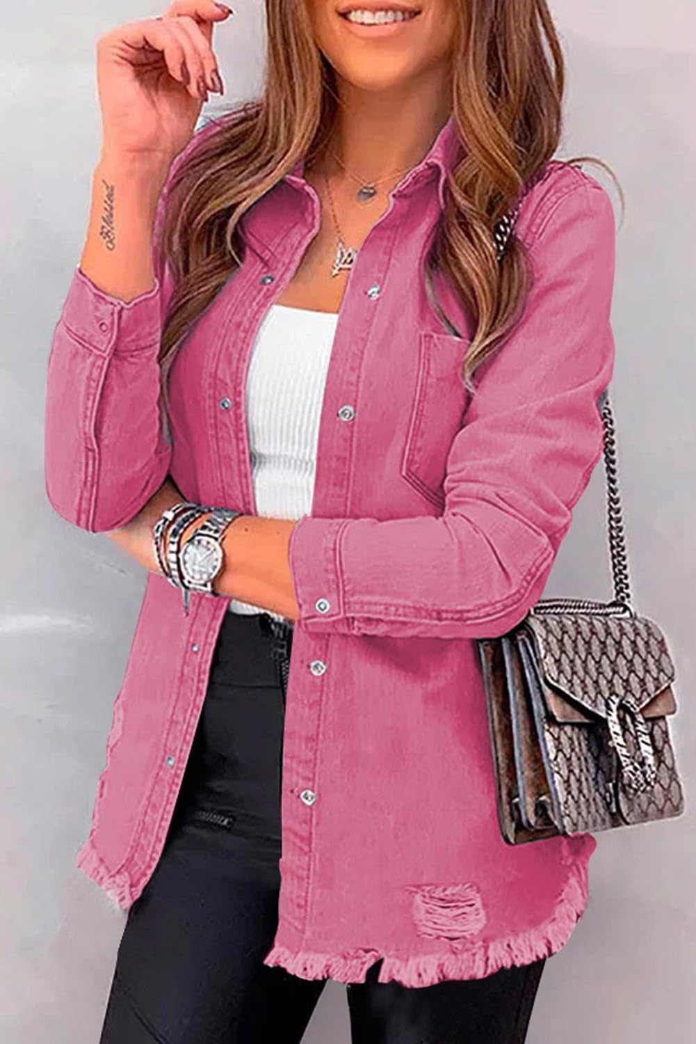 Dokotoo Women’s Oversized Denim Jacket Casual Long Sleeve Denim Shirts Distresse Jean Jacket Fall Outfits 2025