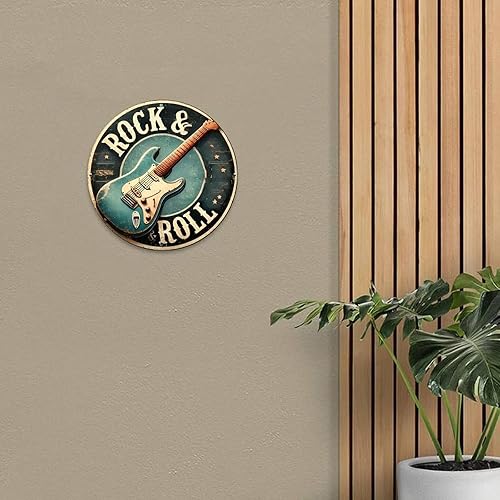 Miniatura 3 de Letrero de pared redondo de metal de aluminio rústico vintage con música de guitarra, rock roll, 8 pulgadas, para interiores y exteriores, regalos y