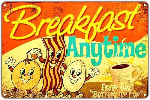 Letrero de hojalata vintage con texto en inglés "Breakfast Anytime Enjoy Our Bottomless Cup 8x12"
