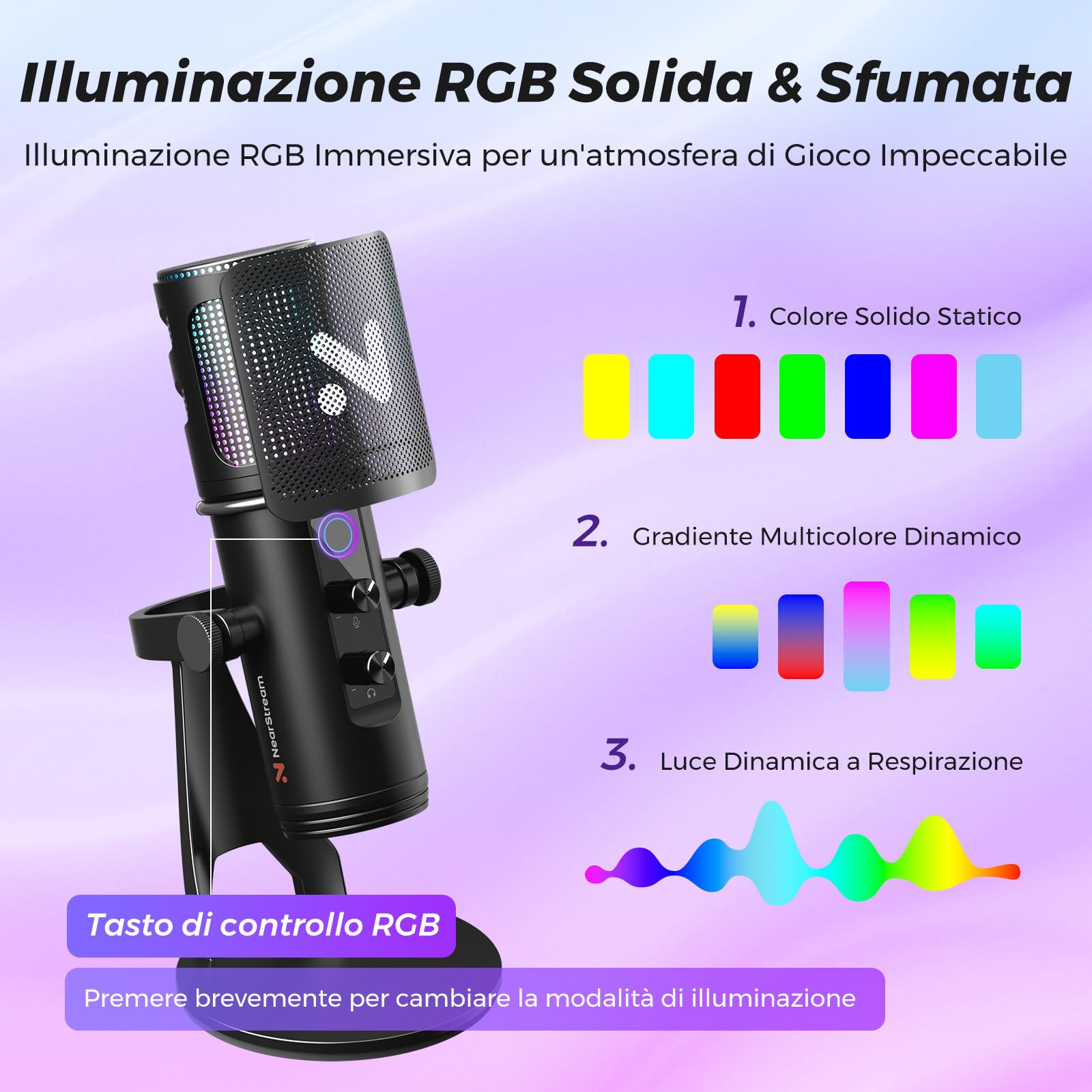 NearStream Microfono USB a Condensatore Professionali Vengono Utilizzati per Catturare Audio di Alta Qualità,Microfono Gaming con Cancellazione del Rumore/Led RGB/Muto/Guadagno/Filtro Anti Pop,AM35U