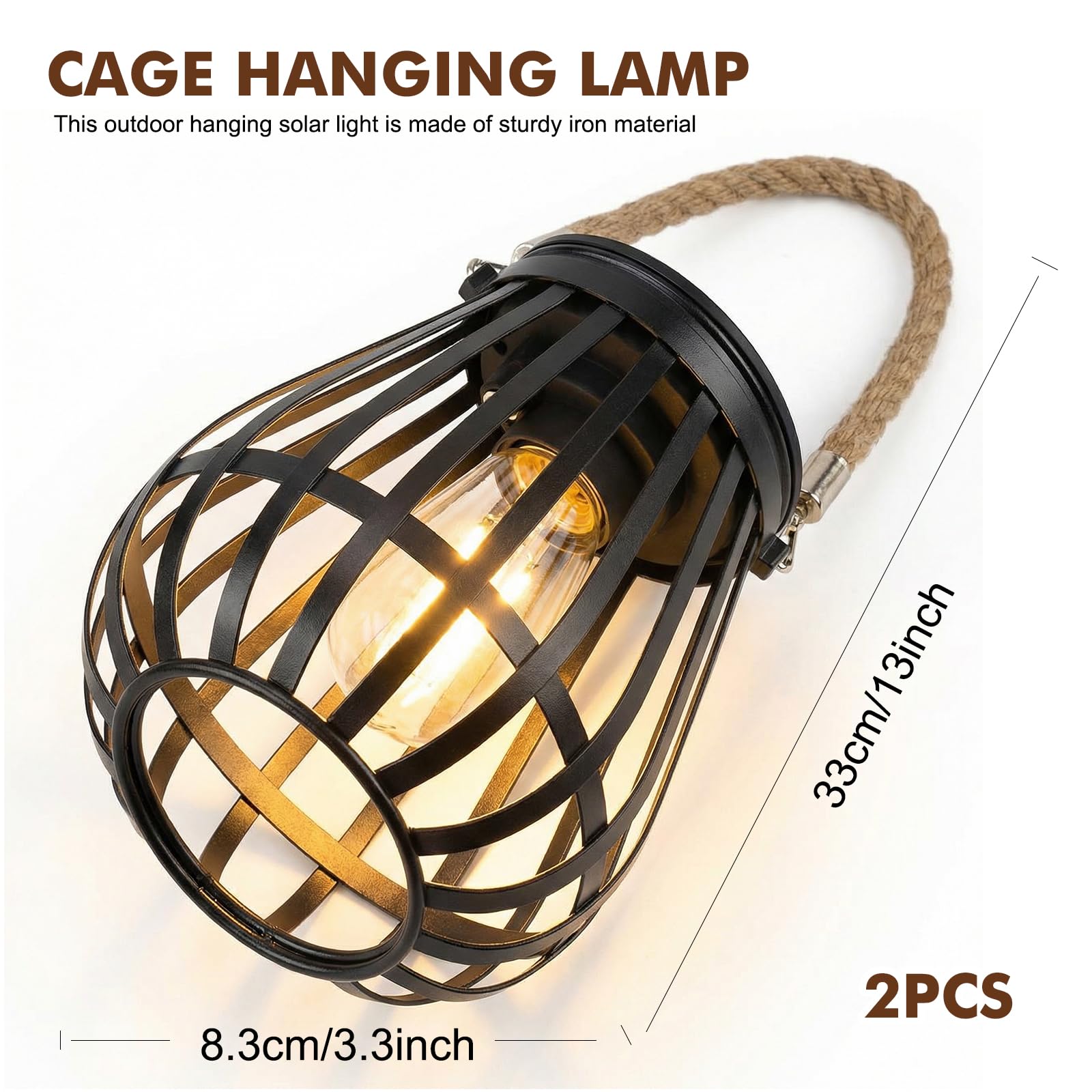 2 lampade solari per esterni sospese: luce bianca calda, per esterni, decorazione da giardino, luci solari con lampadina a LED più grande, illuminazione per esterni, balcone, cortile, terrazze