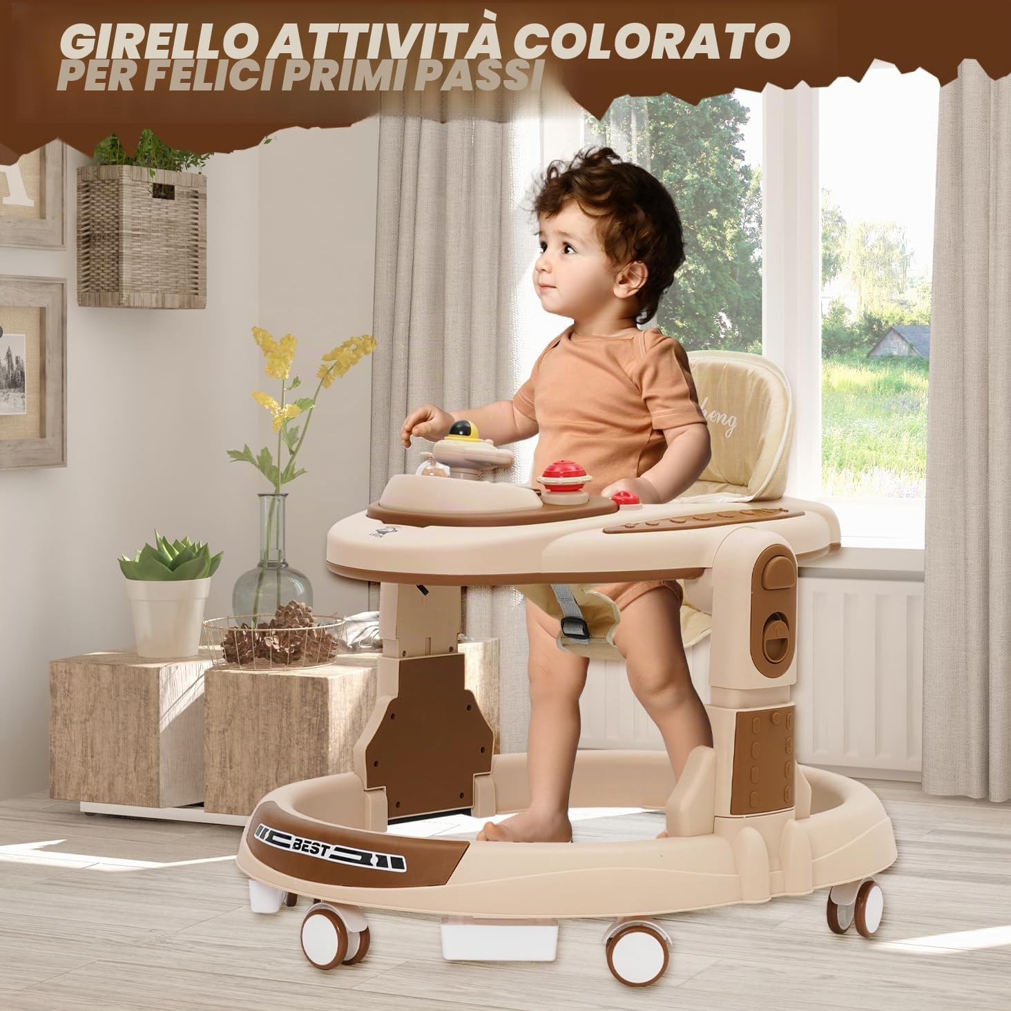 Girello Bambino,Girello 4 Altezze Regolabili,Cuscino Regolabile,BabyWalker con Ruote Silenziose a 360°,Piatto da Cena Facili da Pulire e Centro Giochi staccabili, Da 9 Mesi in su