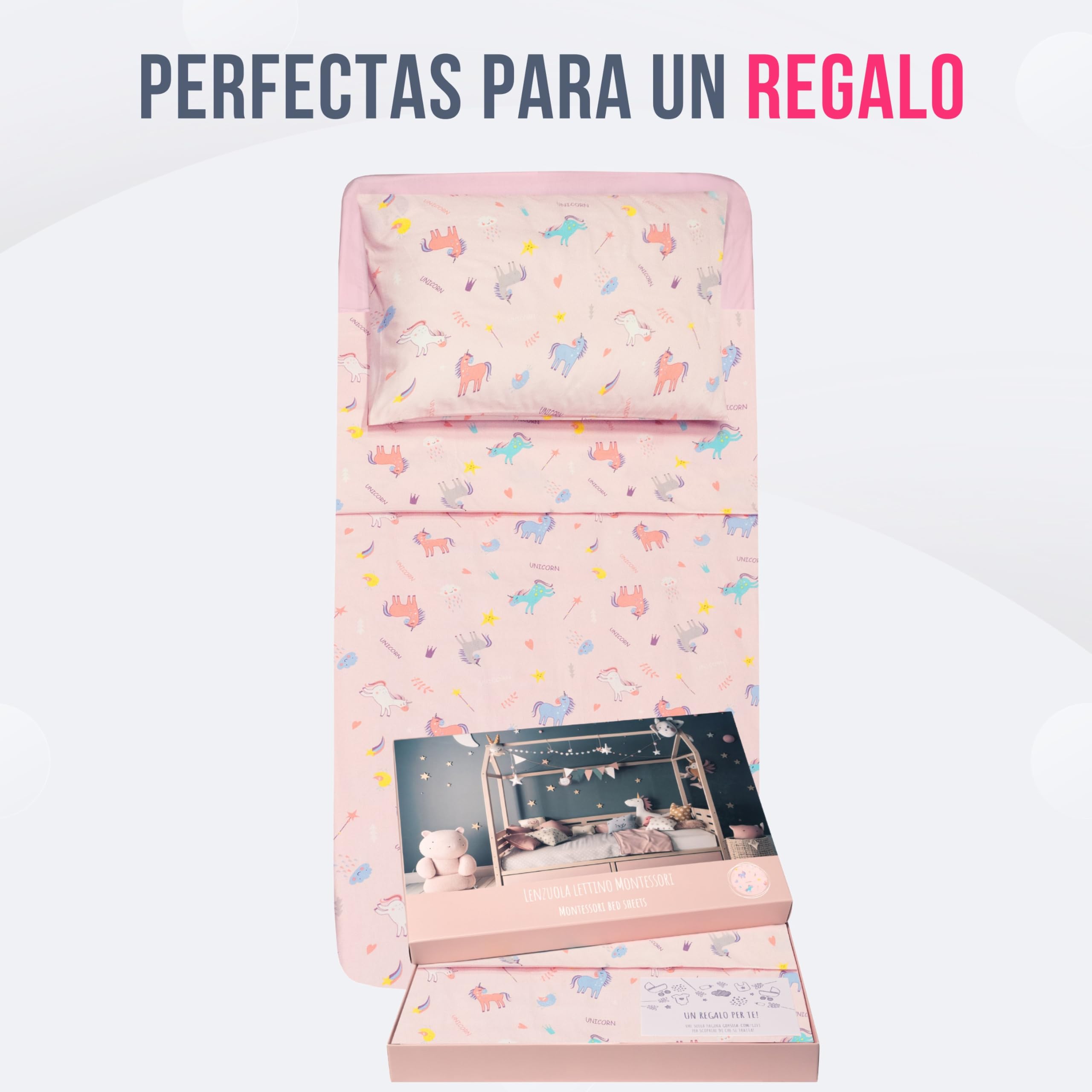 GOYSILA Juego de sábanas Montessori de 70 x 140 cm, 1 sábana Bajera con Esquinas elásticas, 1 sábana encimera, 1 Funda de Almohada, 100% algodón, Oeko Tex, Unicornios