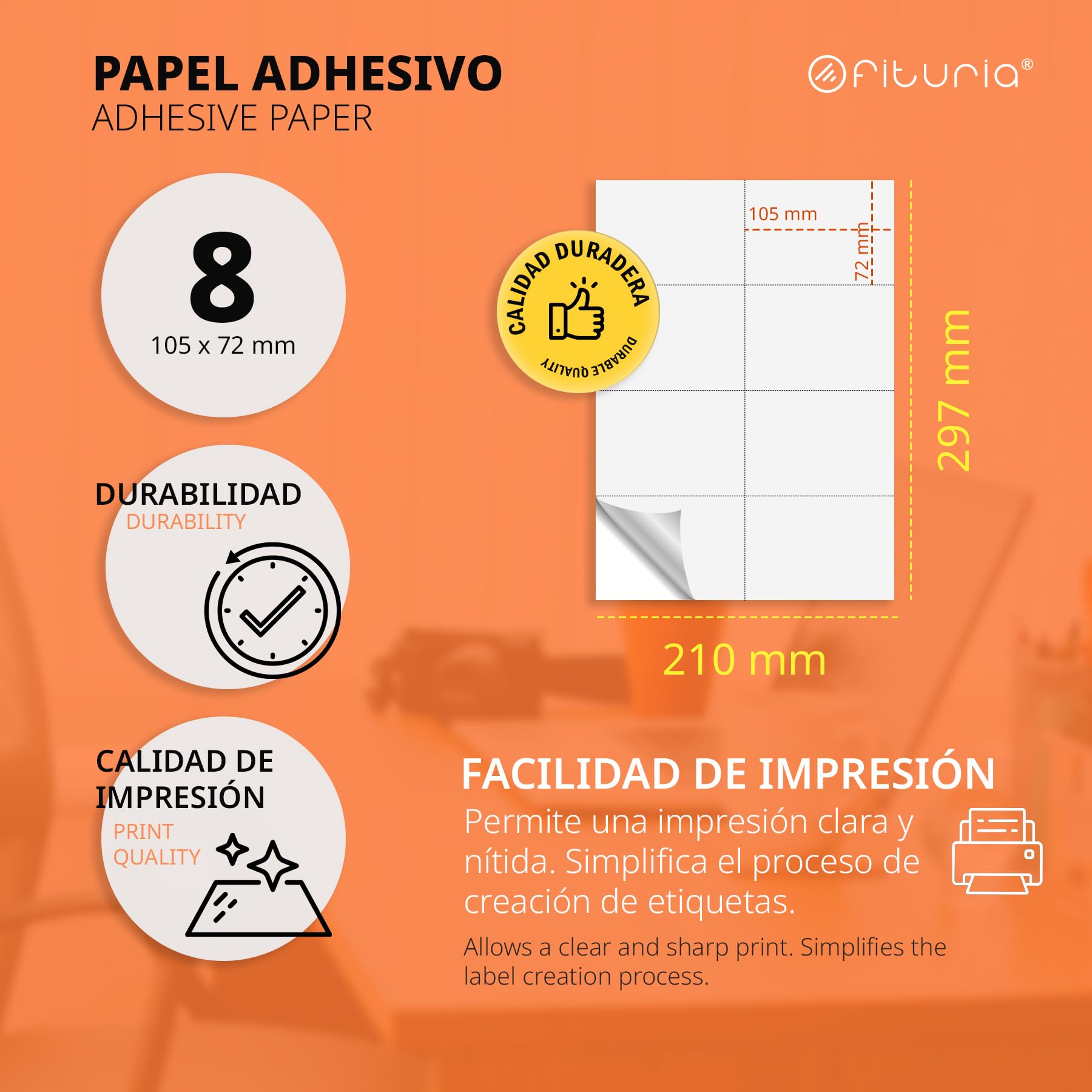 Białe etykiety samoprzylepne A4, stwórz własne naklejki na całą powierzchnię, bezpieczny samoprzylepny papier A4, etykiety samoprzylepne do drukowania - Ofituria (8 na arkusz, 2000 arkuszy)