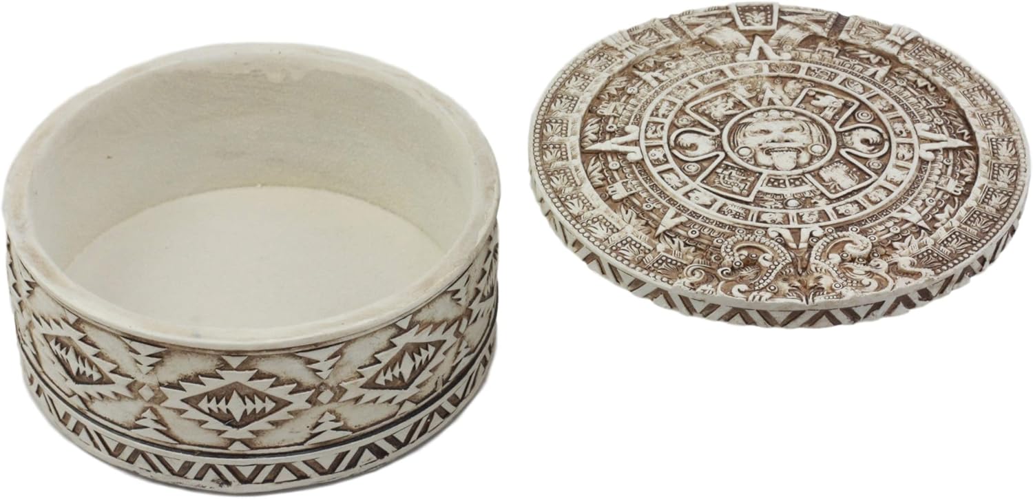 Ebros Round Mesoamerican Maya Aztec Jewelry Box Figurine 5"Diameter Solar Calendar Sun God Huitzilopochtli Decor