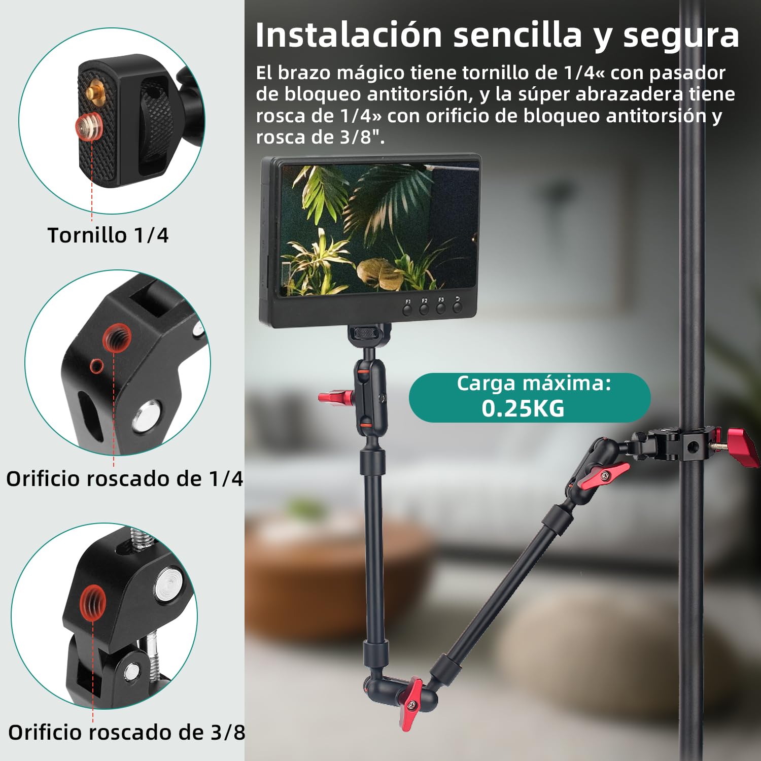 Brazo Mágico de 57 cm/22 con Superabrazadera, Montaje y Abrazadera Flexible de 360°, Soporte para Teléfono Móvil, Brazo Articulado con Rosca de 1/4 Pulgadas para Smartphone, Cámara de Acción