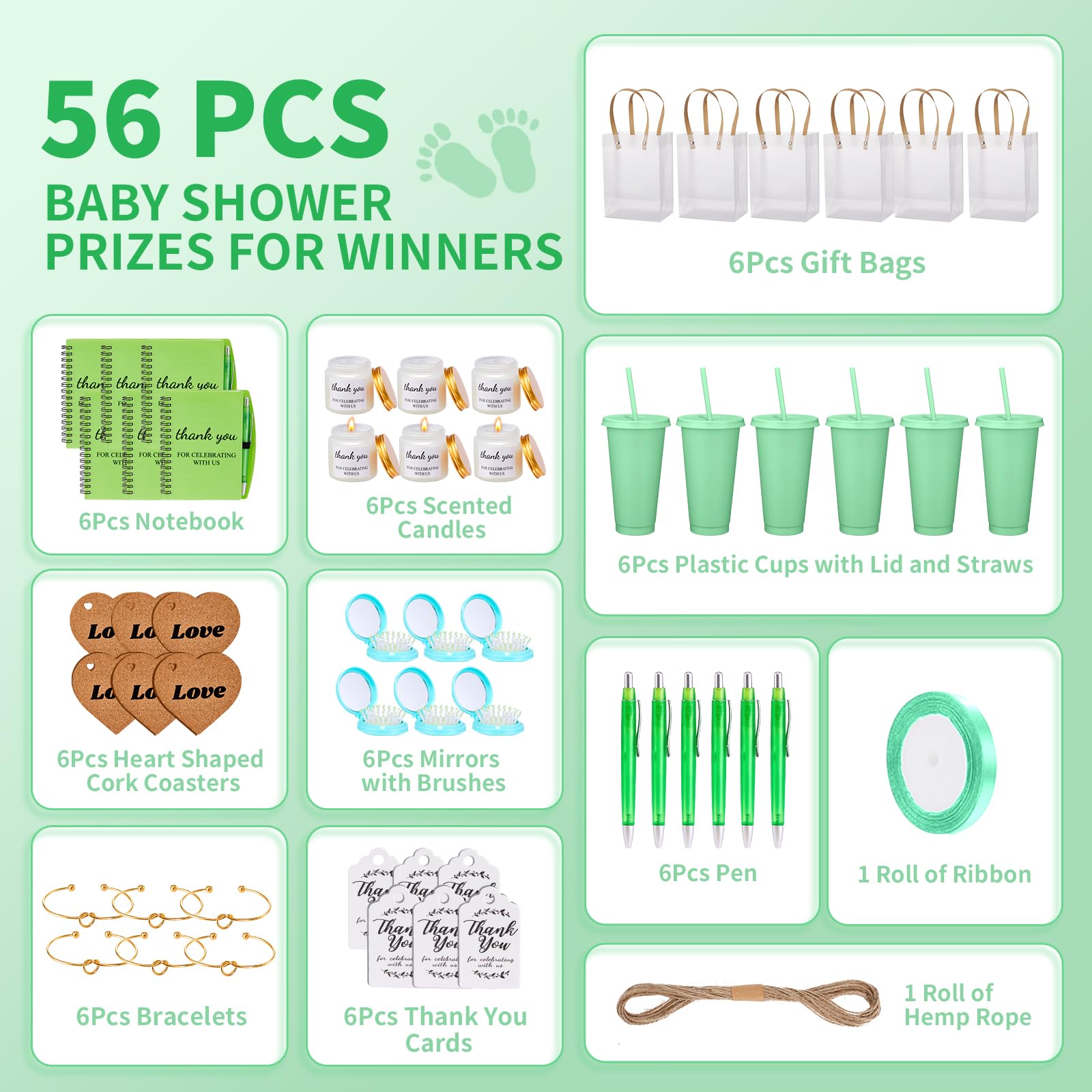 50 premios para baby shower para ganadores del juego, regalos para baby shower, incluyendo vaso de plástico, cuaderno, velas perfumadas, bolígrafo, espejos con cepillos para el pelo, pulsera, bolsa de