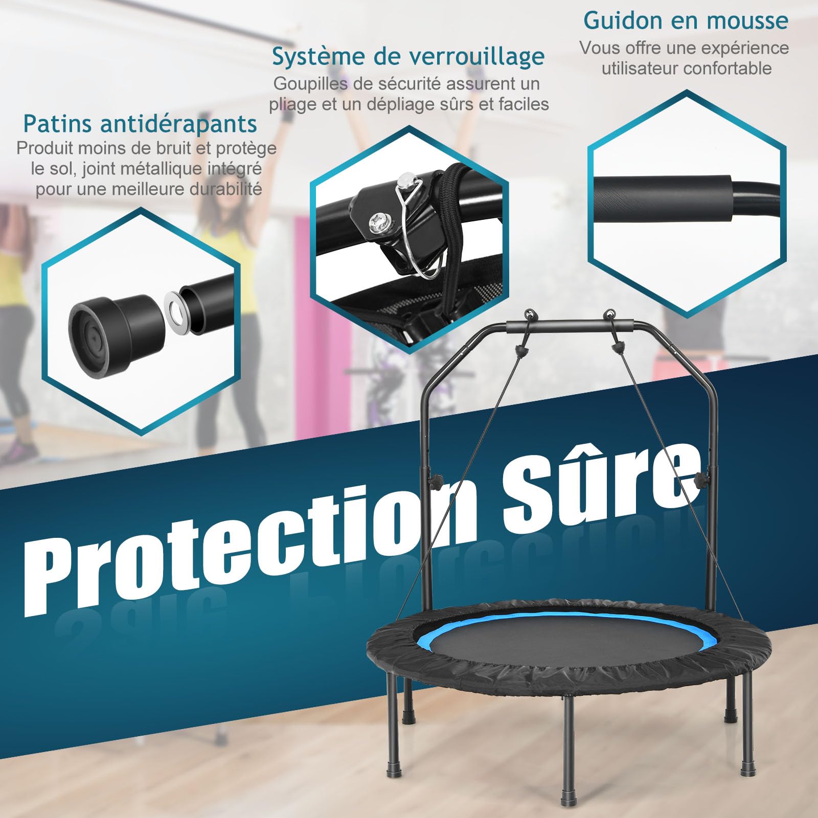 GYMAX Trampoline de Fitness φ101cm, pour Adultes & Enfants, Poignée en Mousses Réglable en Hauteur, Design Pliable, Toile de Bonne Résistance, Installation Facile