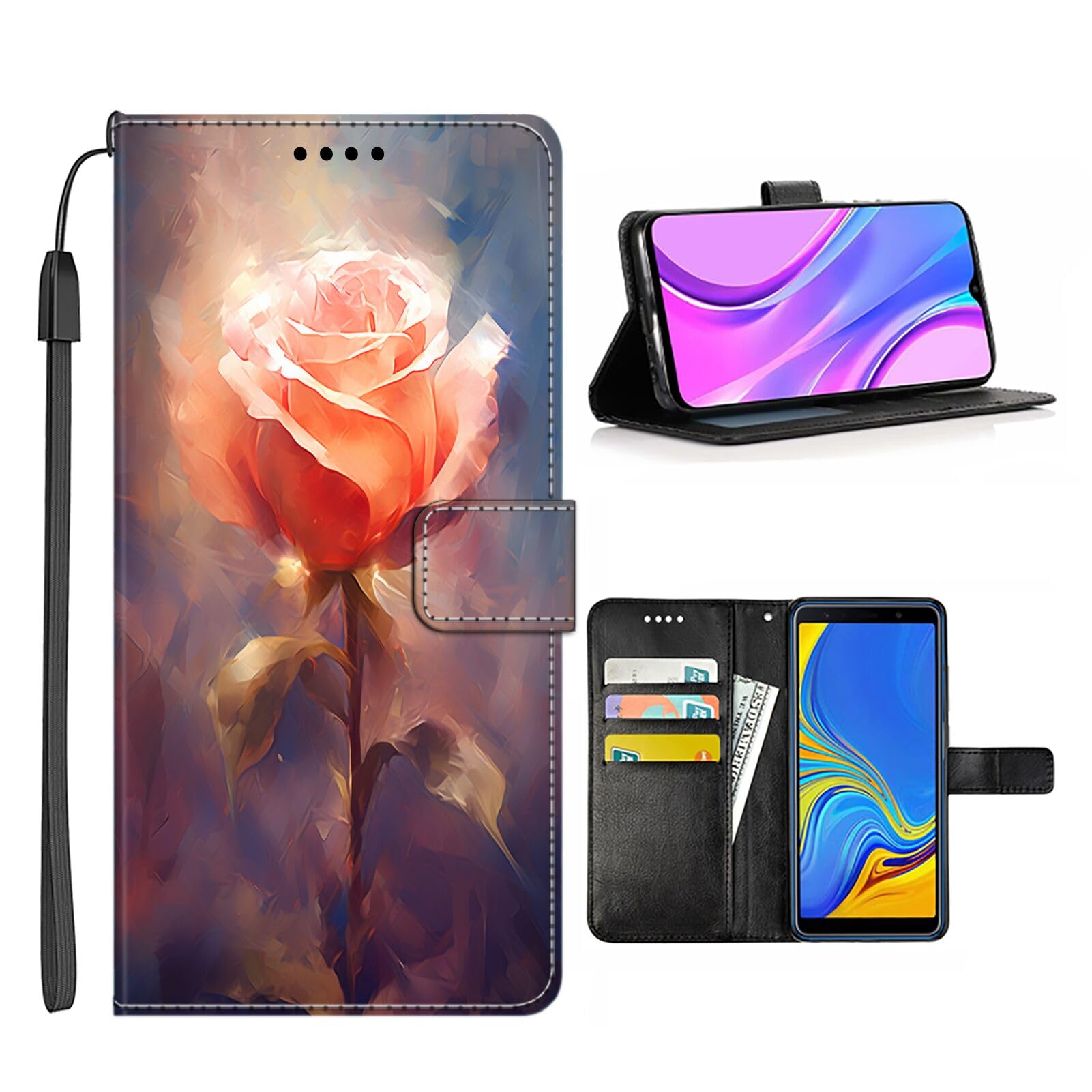DAFEI Wallet Case for iPhone 13 Mini with Rose Flower-aa914 Pattern PU Leather Flip Folio ID&Credit Cards Pocket Lanyard