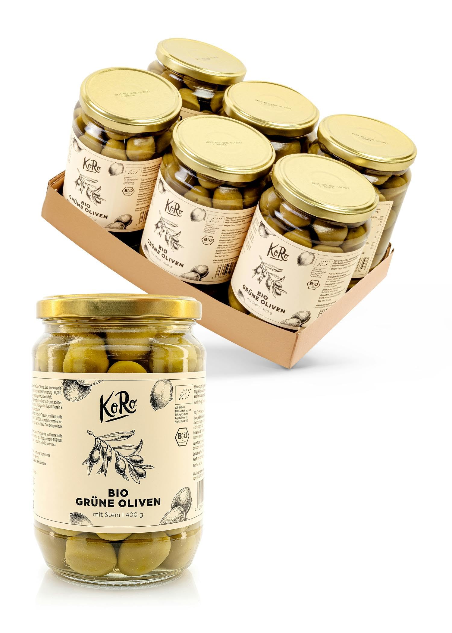 KoRo - Olives vertes Bio avec noyau 6 x 400 g - Sans conservateurs - Goût piquant intense - Grand format