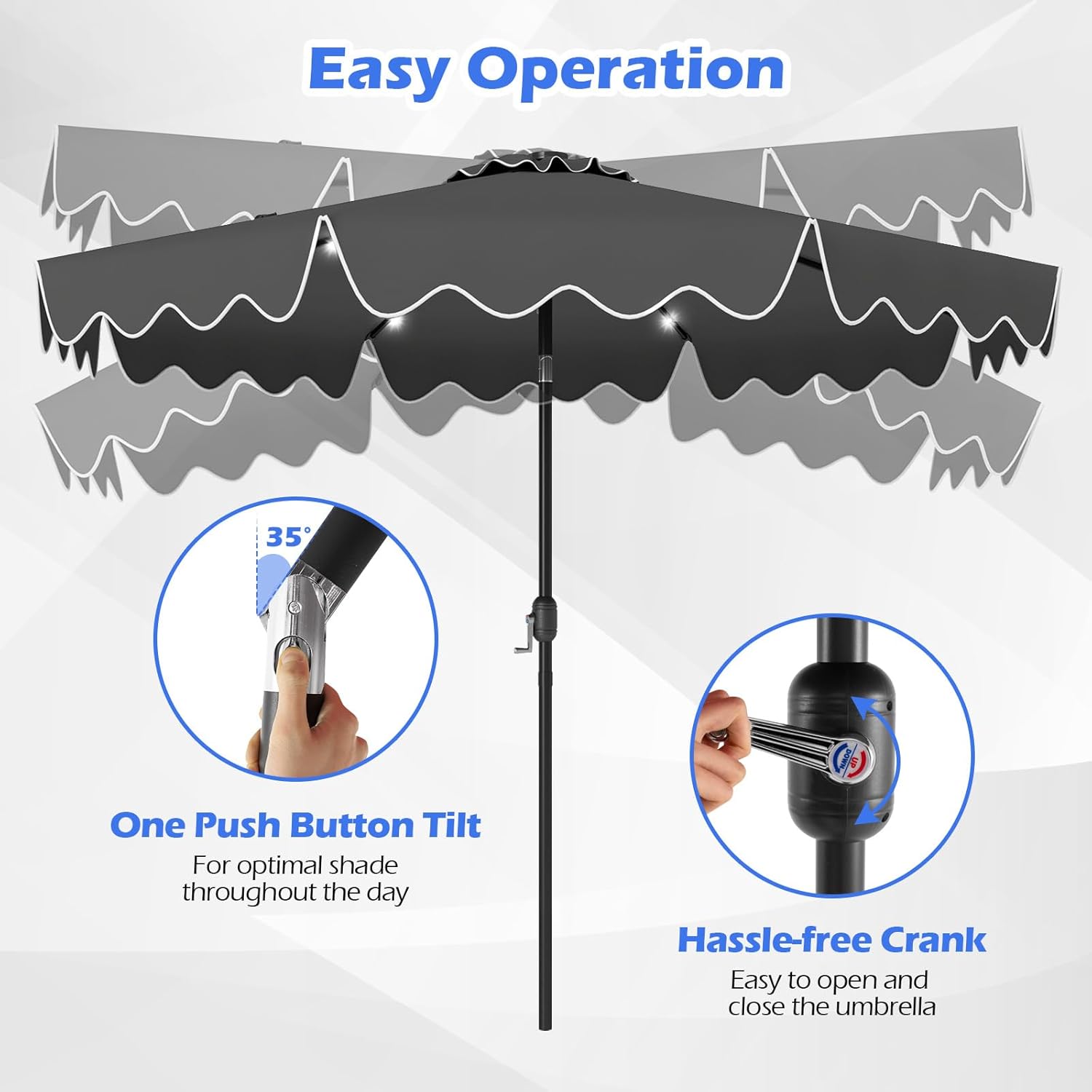 RELAX4LIFE 10 FT Solar Patio Umbrella - Scalloped Market Table Umbrella w/24 LED Lights, 2-Tier Vented Canopy, Push Button Tilt & Crank, Outdoor Heavy-Duty Sun Shade for Pool Deck Garden