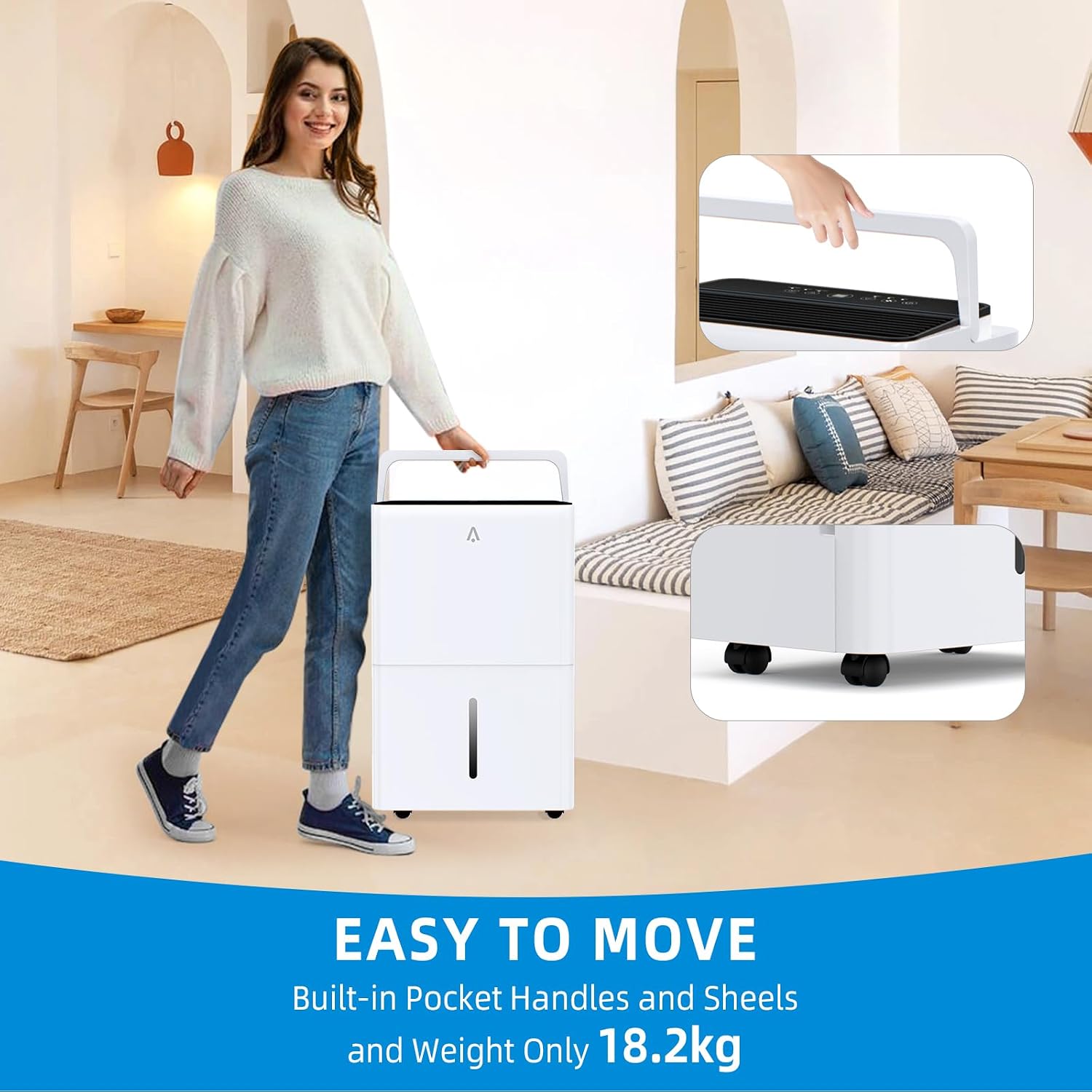Woman easily moving the dehumidifier with built-in handles and wheels