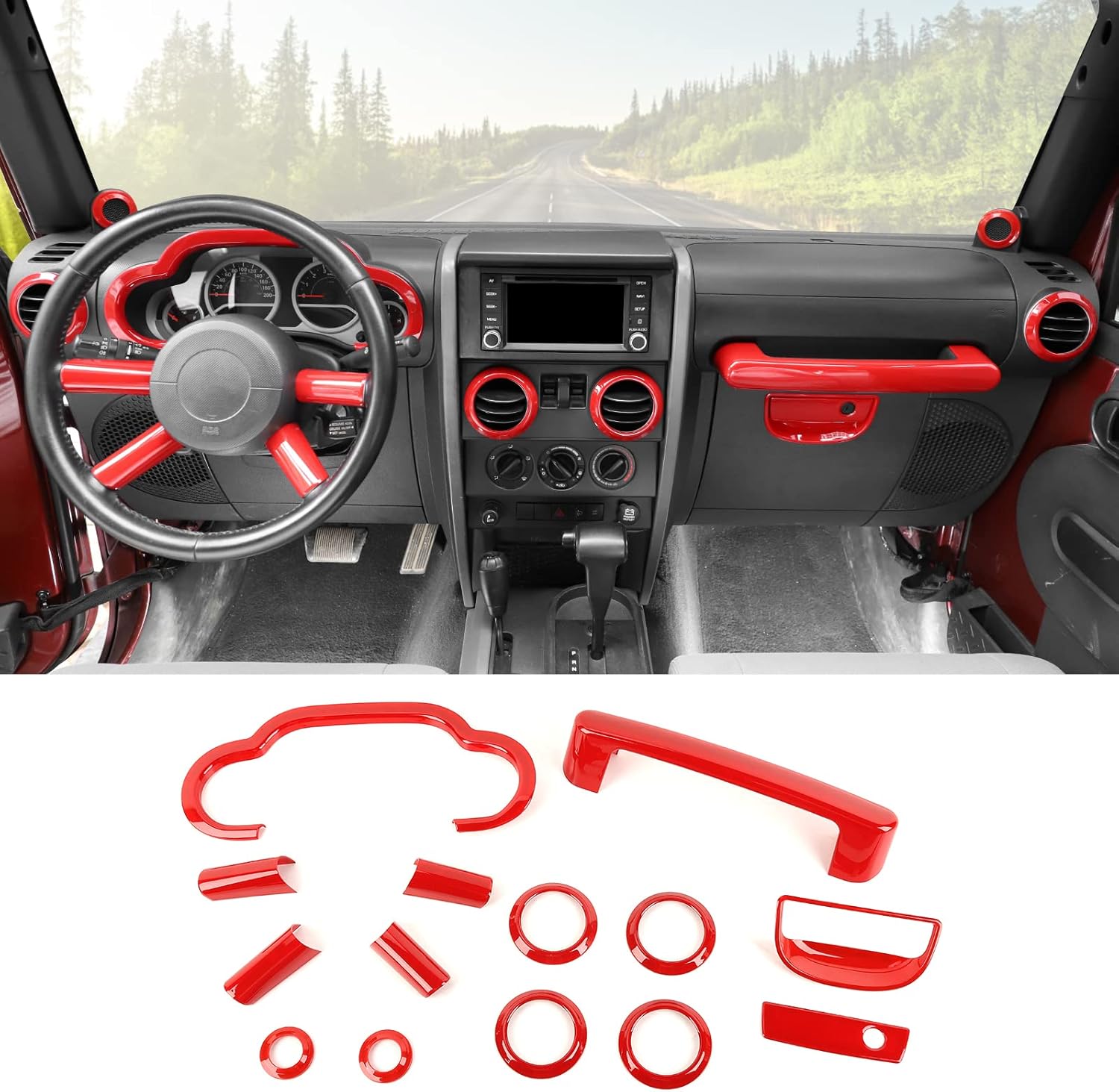 14PCS Full Set Interior Trim Kit for 2007-2010 Jeep Wrangler JK JKU, Air Outlets A Pillar Speaker Glove Box Handle Dashboard Cover Trim(Red)
