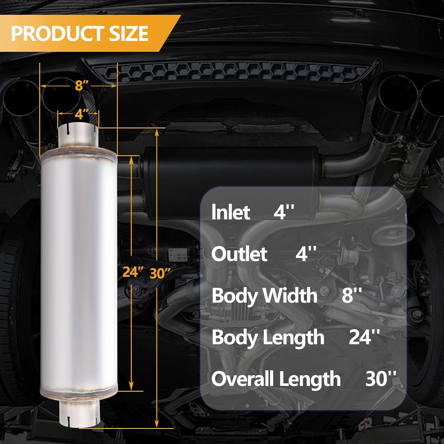 4 Inch Exhaust Muffler, 4" Inlet/Outlet 30" Overall Length Resonator, Stainless Steel Straight Through Design Performance Muffler, 1 PC
