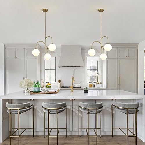 Miniatura 4 de Lámpara colgante moderna de mediados de siglo con 3 luces de cristal de leche, lámpara colgante de latón dorado, lámpara de techo industrial de