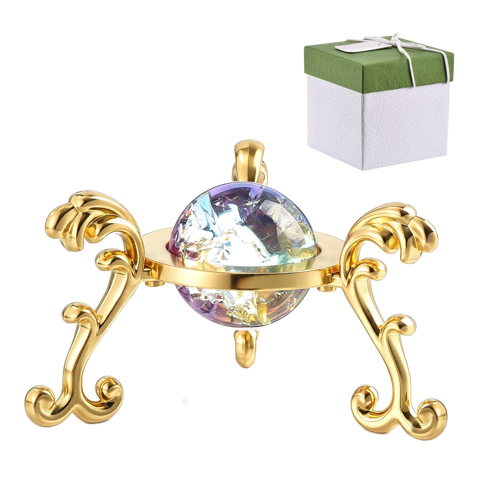 sourcing map 20 mm Round Crystal Sphere with Stand, Crystal Sphere Ice Cracked Decorative Ball Paperweight Gift Box Packaging for Home Decor Ornament Gift Craft Feng Shui Decor, Iridescent