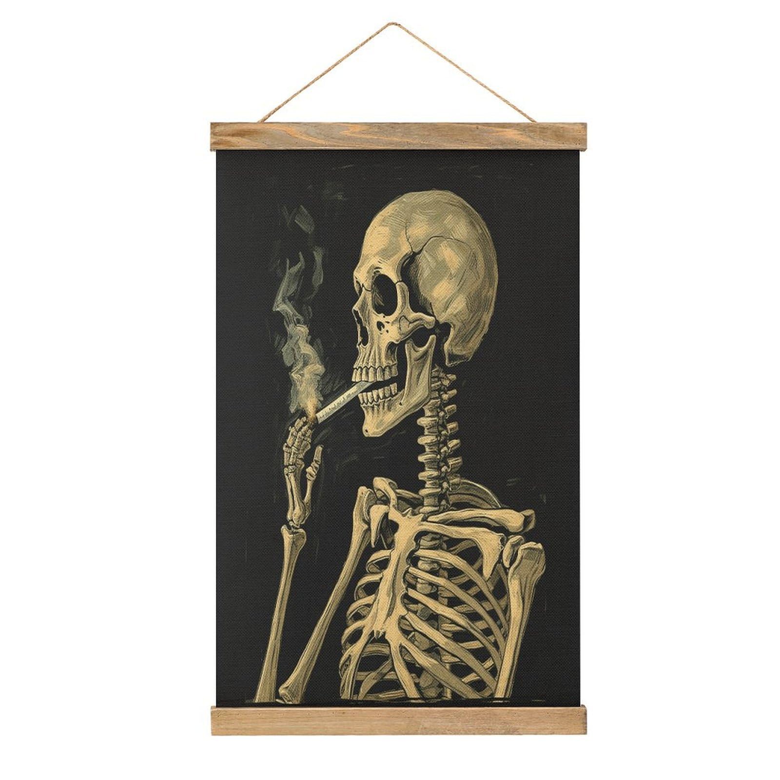 VstaDank A Skeleton with Burning Cigarette Hanging Poster with Wooden Frame Modern Linen Hanging Painting Retro Style Wall Decor Art Painting for Living Room,Bedroom Decor Poster Frame 20.4x13.1inch
