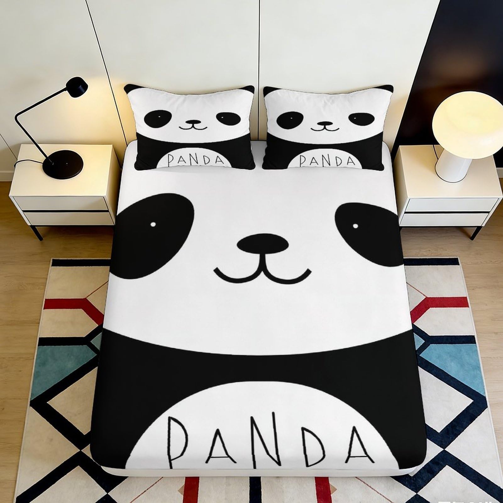3D Printed Panda Fitted Sheet Microfiber Soft Breathable Cartoon Bed Cover with Mattress Protection for Bedroom Dormitory Guest Room Decor 160x200x25cm