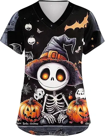 OIOLOYJM Halloween Christmas Scrub Tops Women Print V Neck Short Sleeve Plus Size Scrubs for Womens Shirts with Pockets