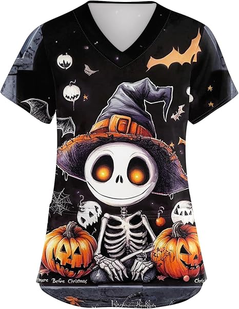 OIOLOYJM Halloween Christmas Scrub Tops Women Print V Neck Short Sleeve Plus Size Scrubs for Womens Shirts with Pockets