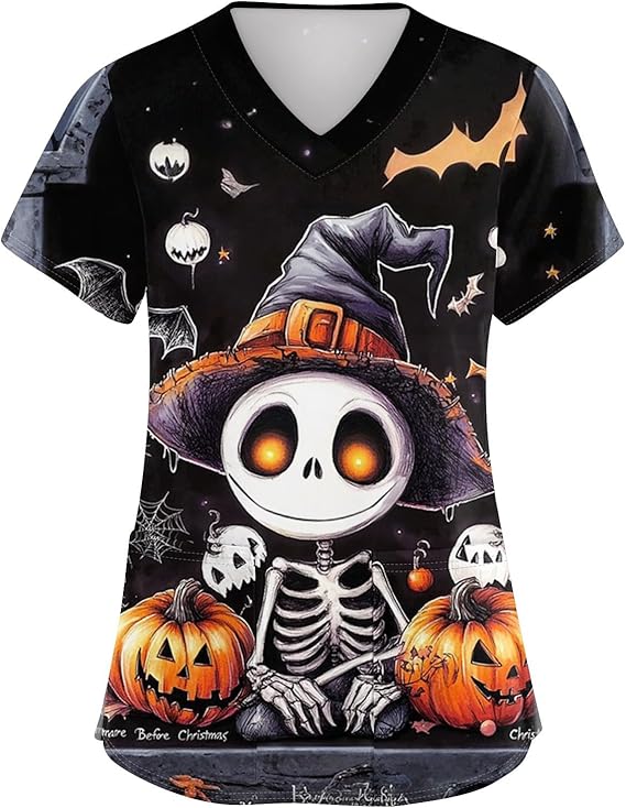 OIOLOYJM Halloween Christmas Scrub Tops Women Print V Neck Short Sleeve Plus Size Scrubs for Womens Shirts with Pockets