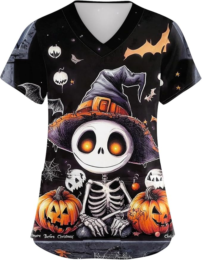 OIOLOYJM Halloween Christmas Scrub Tops Women Print V Neck Short Sleeve Plus Size Scrubs for Womens Shirts with Pockets